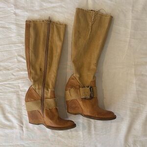 Tan Wedge Knee-High Boots with Buckle Strap